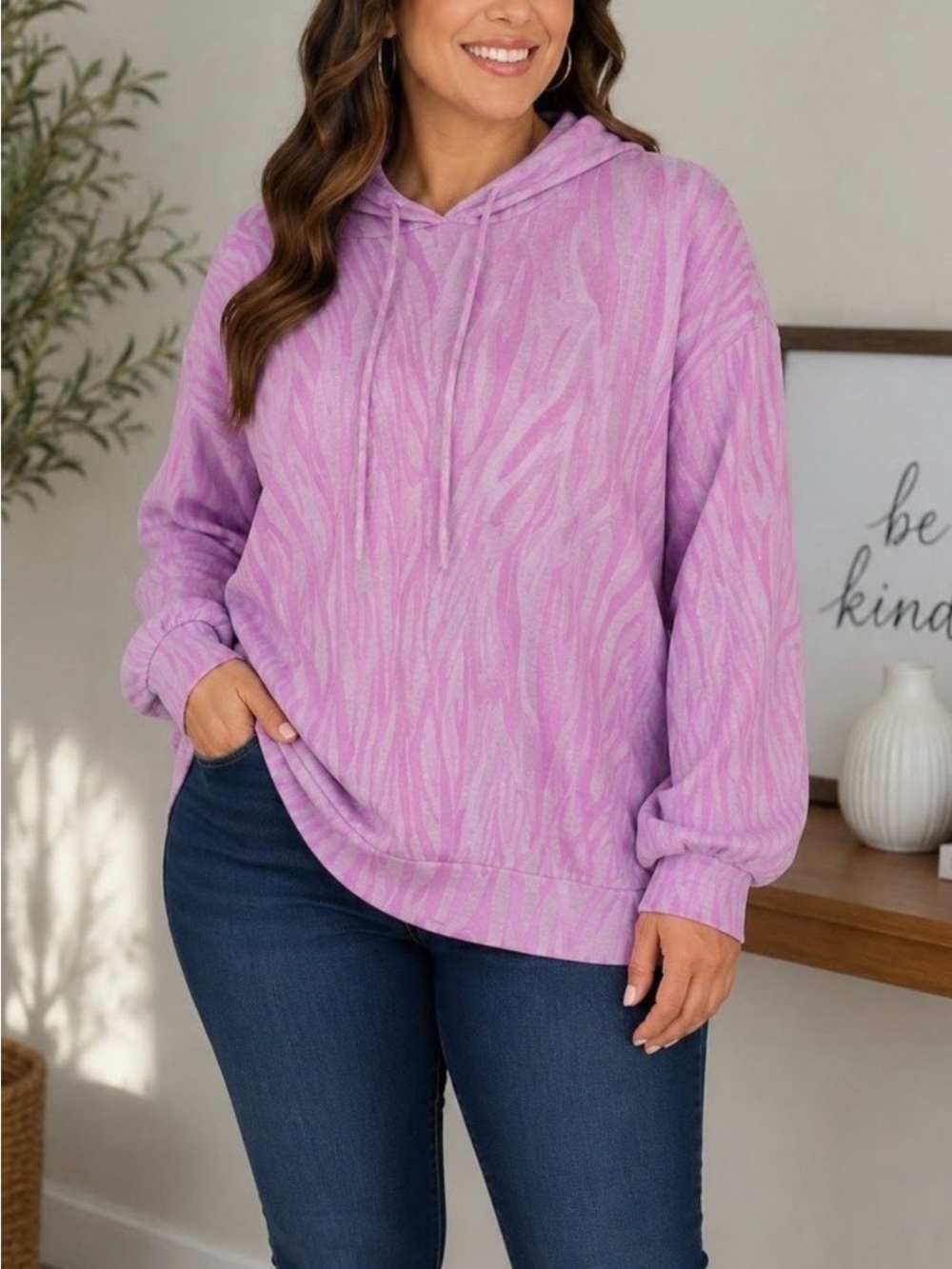 More of a light Pink & Beige Long-Sleeve Hooded Pullover Top